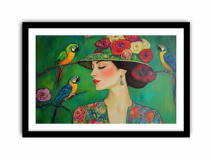 Colorful woman portrait canvas art with parrots and floral hat for stylish room decor.