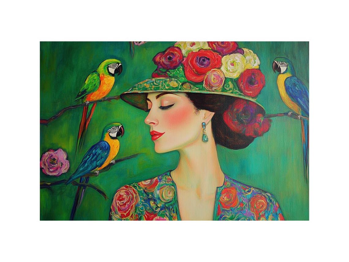 Colorful woman portrait canvas art with parrots and floral hat for stylish room decor.