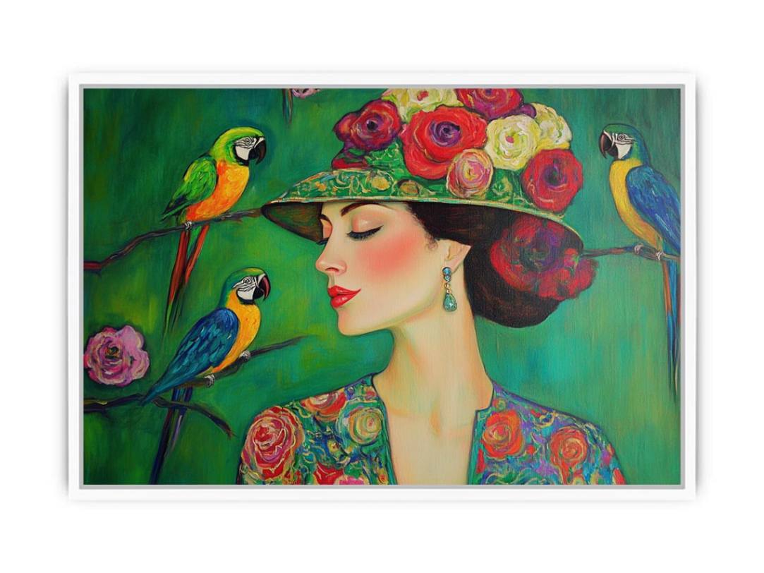 Colorful woman portrait canvas art with parrots and floral hat for stylish room decor.