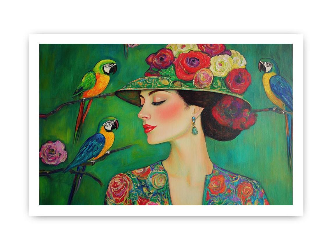 Colorful woman portrait canvas art with parrots and floral hat for stylish room decor.
