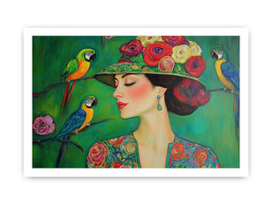 Colorful woman portrait canvas art with parrots and floral hat for stylish room decor.