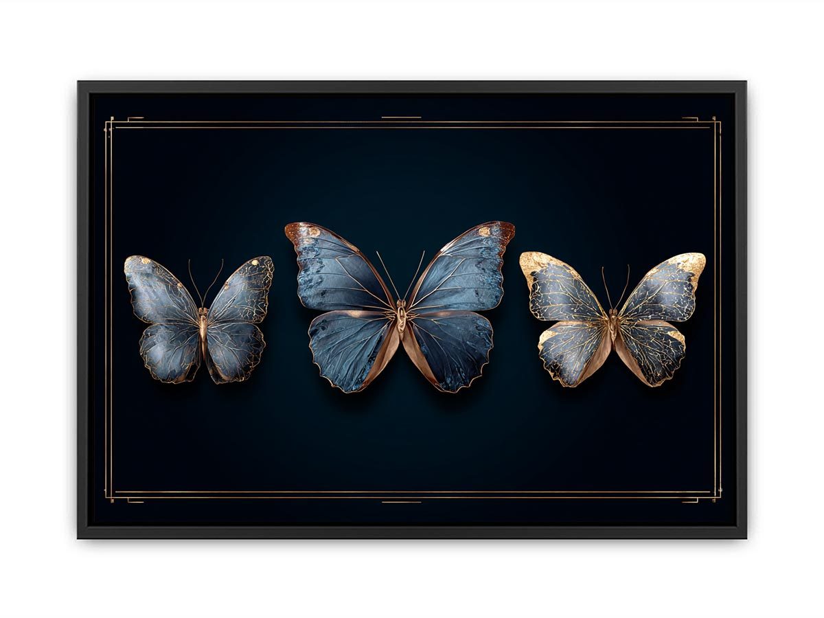 Blue butterfly canvas art with gold accents for luxury modern living room decor.