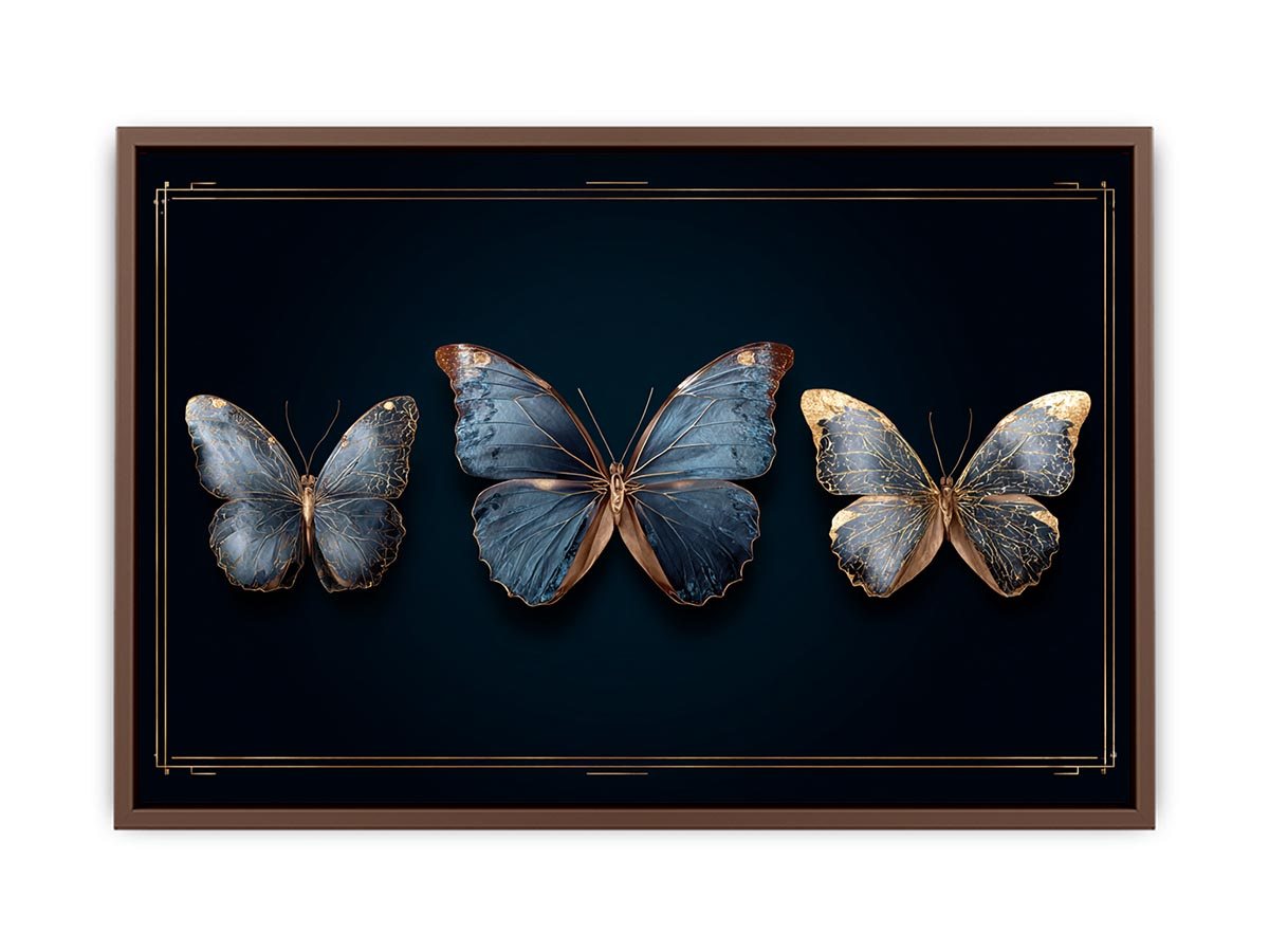 Blue butterfly canvas art with gold accents for luxury modern living room decor.