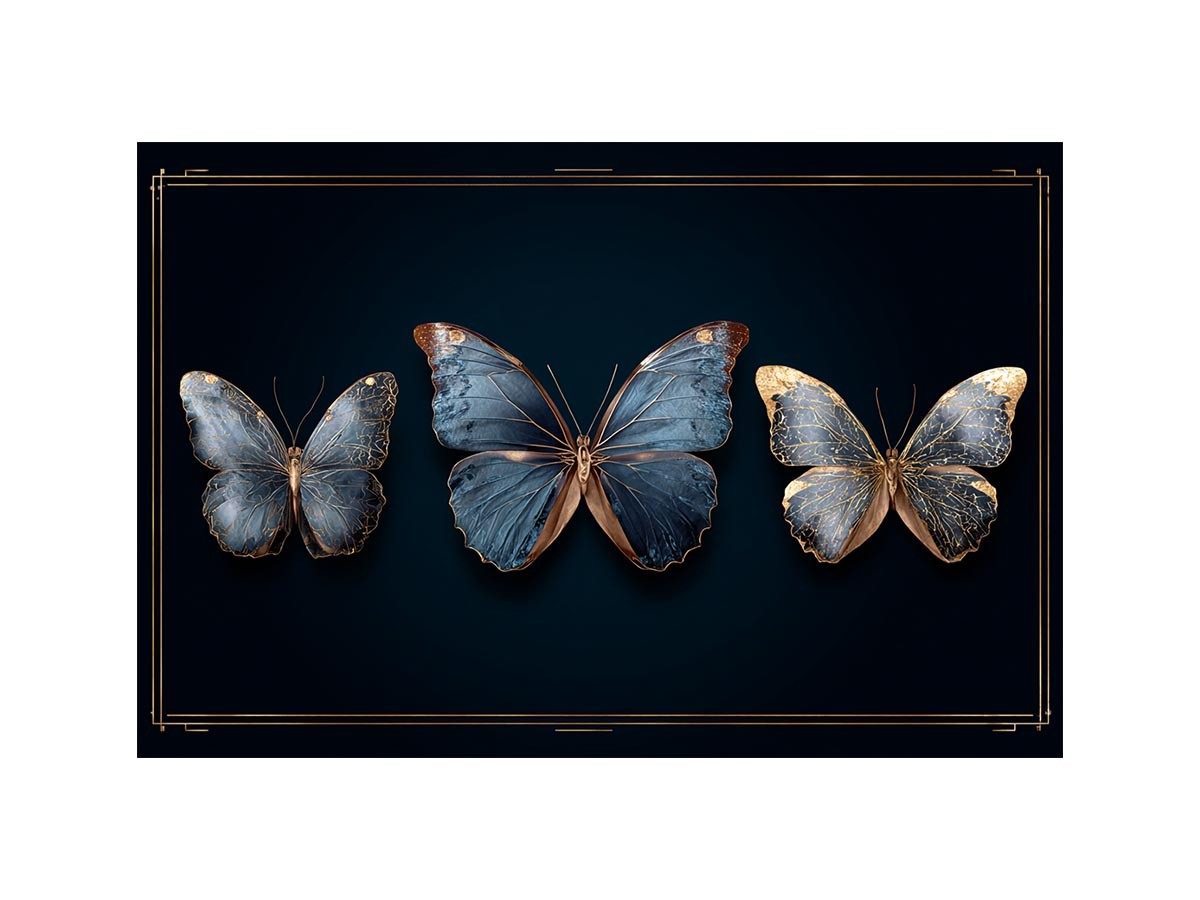 Blue butterfly canvas art with gold accents for luxury modern living room decor.