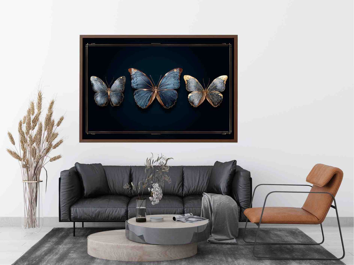 Blue butterfly canvas art with gold accents for luxury modern living room decor.