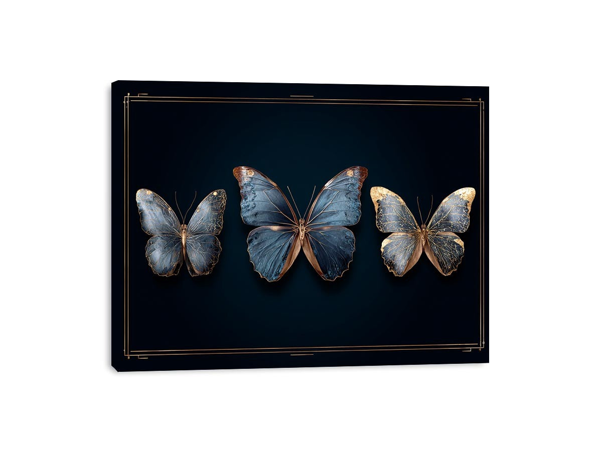 Blue butterfly canvas art with gold accents for luxury modern living room decor.