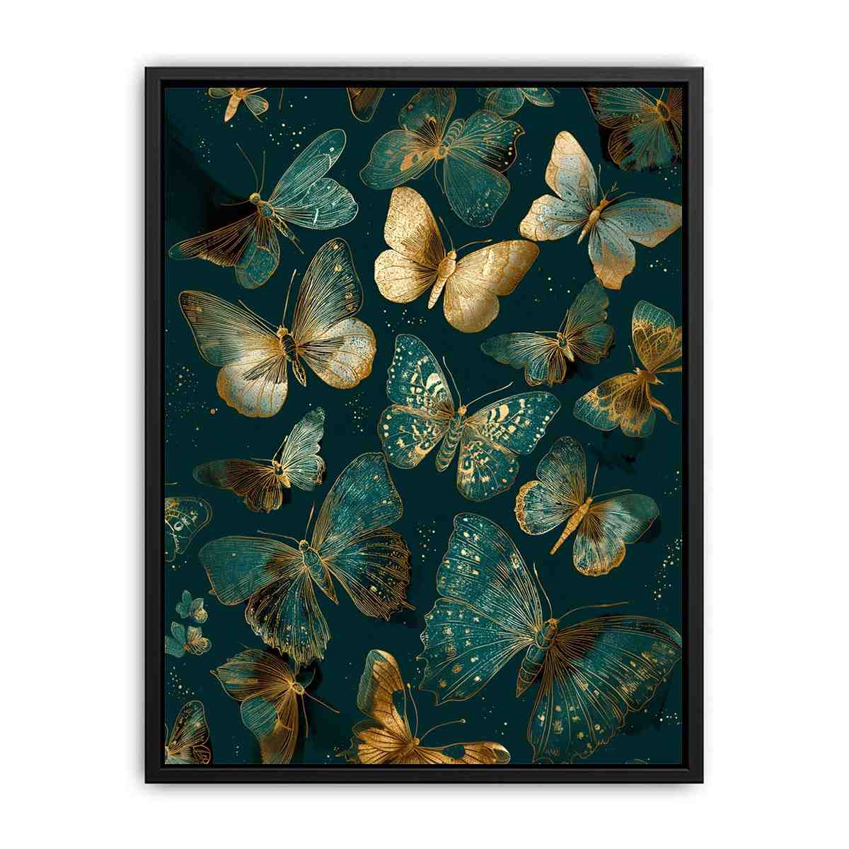 Teal and gold butterfly canvas art for elegant vertical living room wall decor.