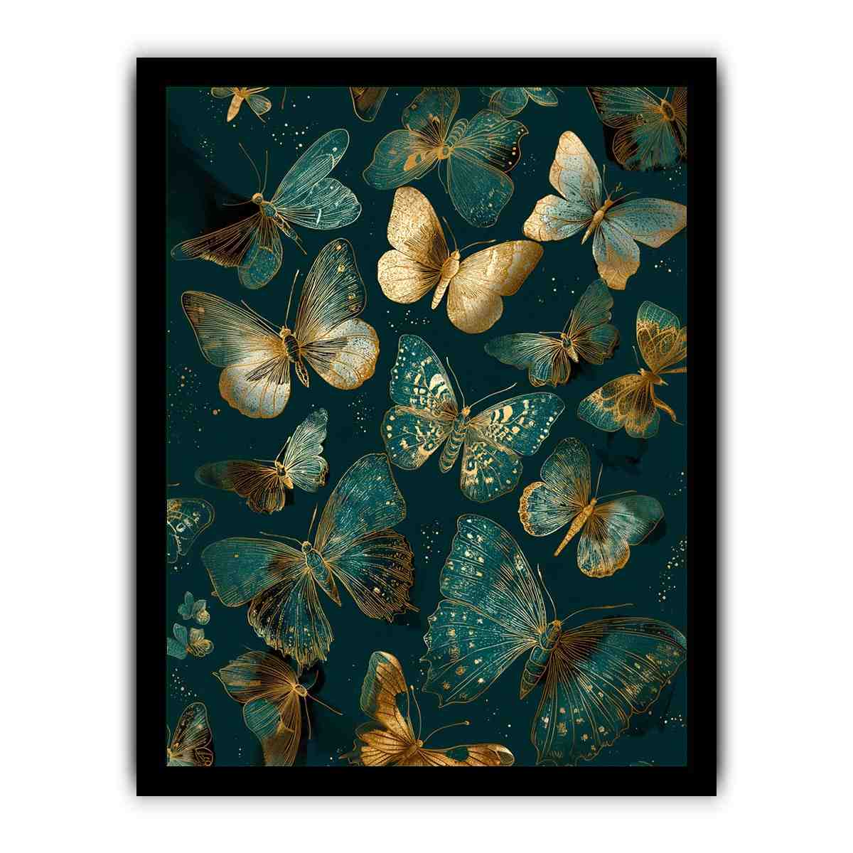 Teal and gold butterfly canvas art for elegant vertical living room wall decor.
