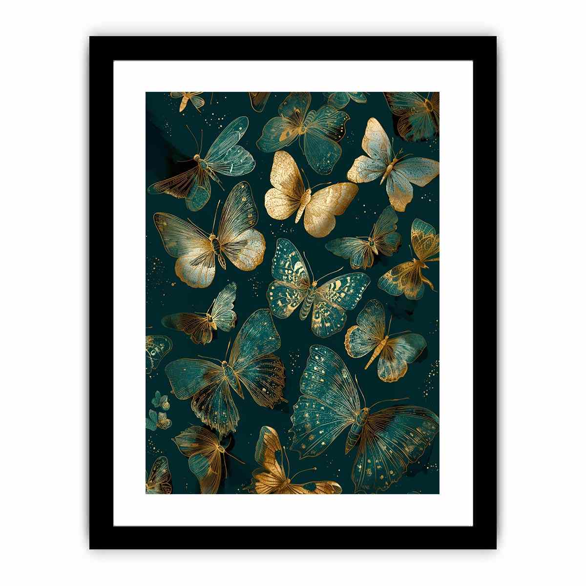 Teal and gold butterfly canvas art for elegant vertical living room wall decor.