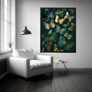 Teal and gold butterfly canvas art for elegant vertical living room wall decor.