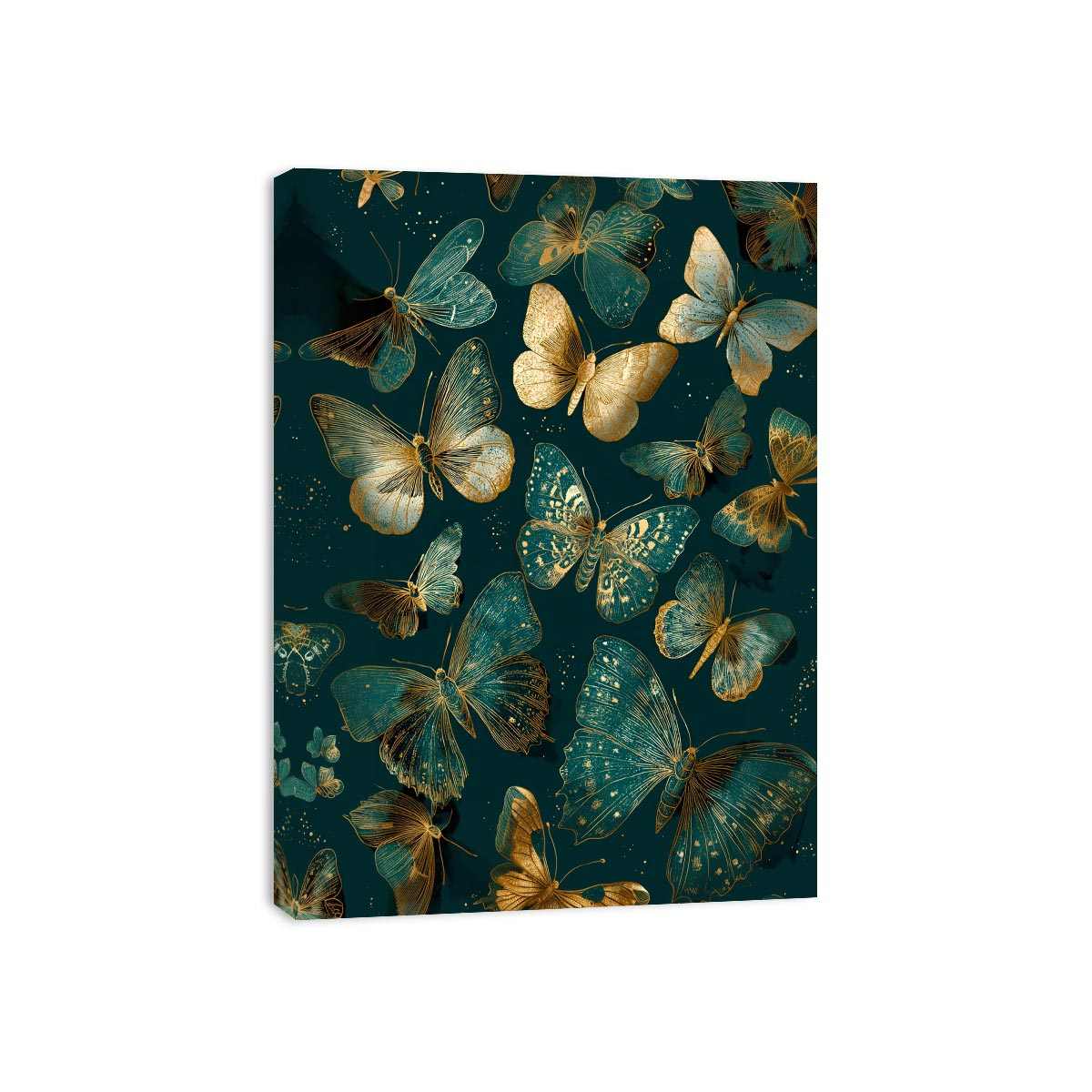Teal and gold butterfly canvas art for elegant vertical living room wall decor.