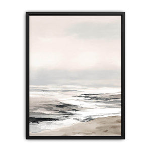 Soft neutral coastal canvas art with misty shoreline for calming bedroom decor.