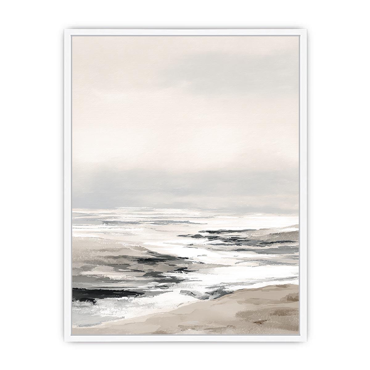 Soft neutral coastal canvas art with misty shoreline for calming bedroom decor.