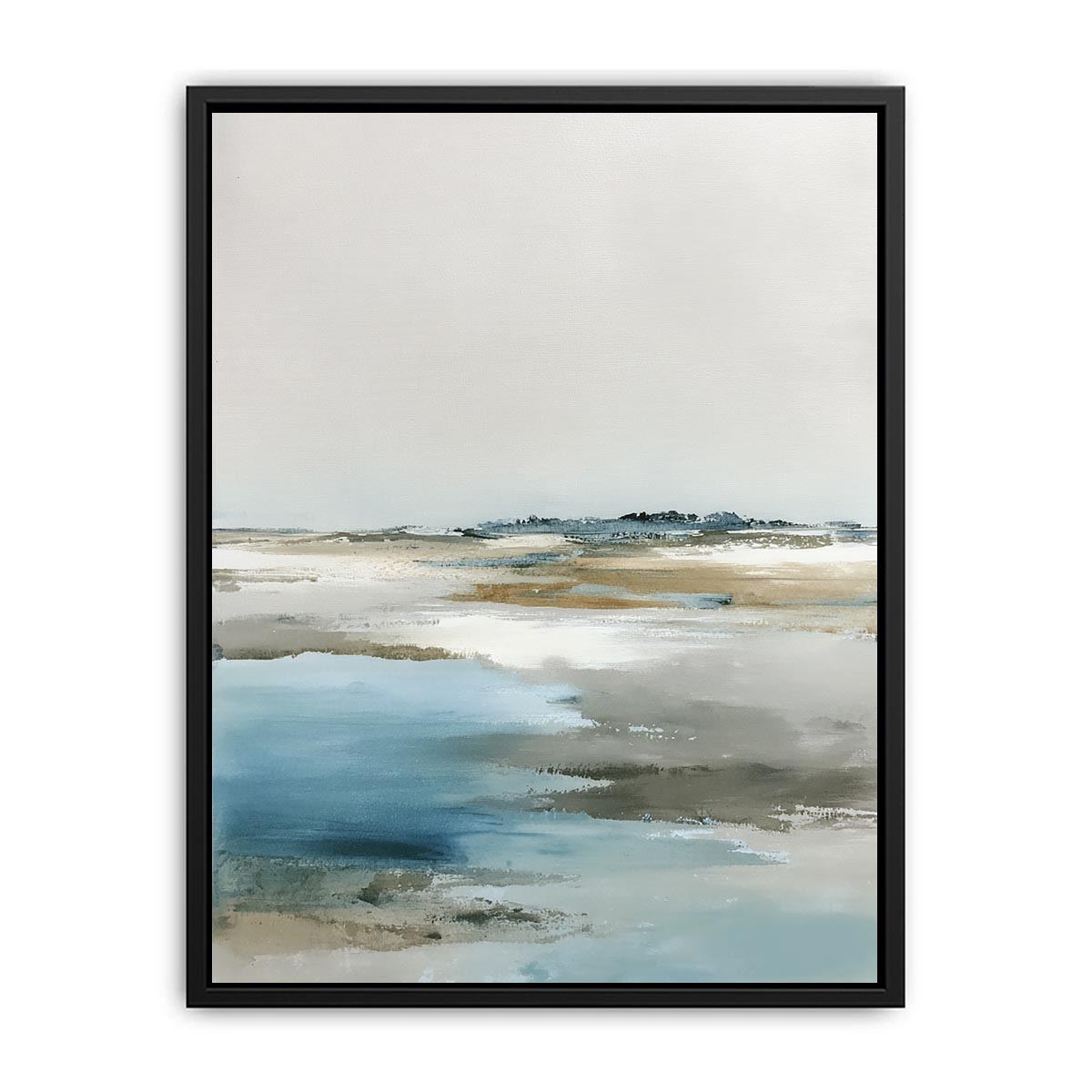 Minimal coastal canvas art with blue water and soft neutral horizon for bedroom decor.