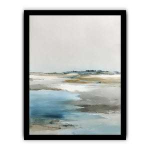 Minimal coastal canvas art with blue water and soft neutral horizon for bedroom decor.