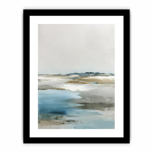 Minimal coastal canvas art with blue water and soft neutral horizon for bedroom decor.