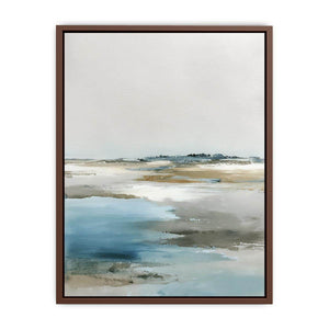 Minimal coastal canvas art with blue water and soft neutral horizon for bedroom decor.