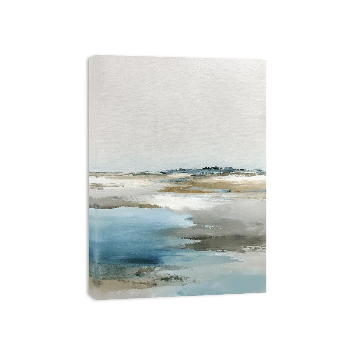 Minimal coastal canvas art with blue water and soft neutral horizon for bedroom decor.