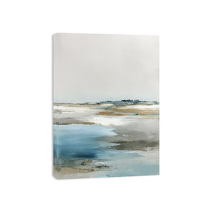 Minimal coastal canvas art with blue water and soft neutral horizon for bedroom decor.