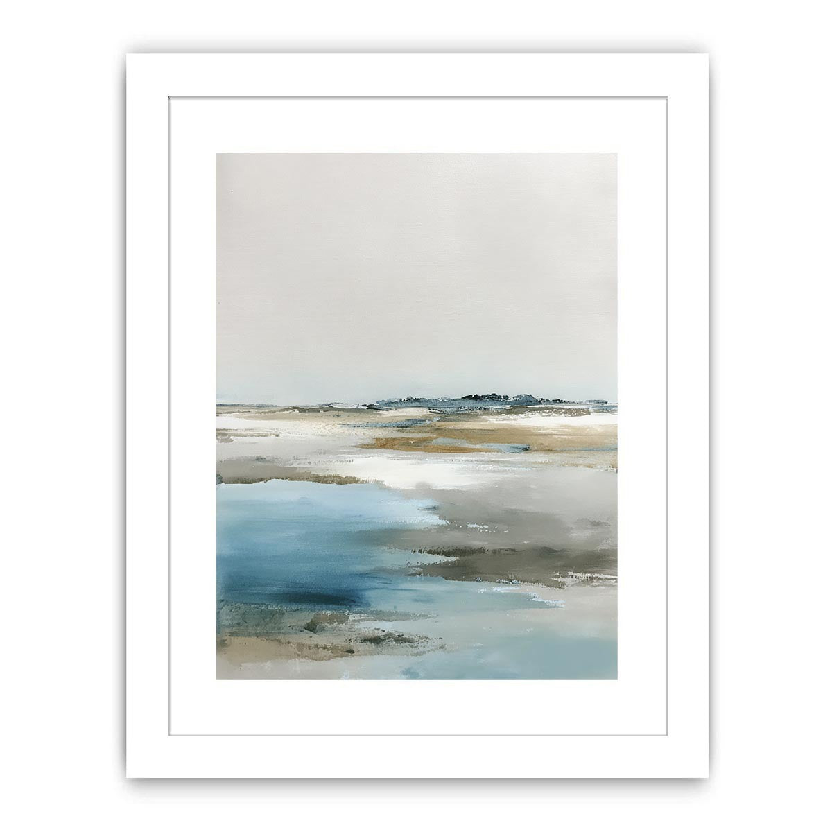 Minimal coastal canvas art with blue water and soft neutral horizon for bedroom decor.