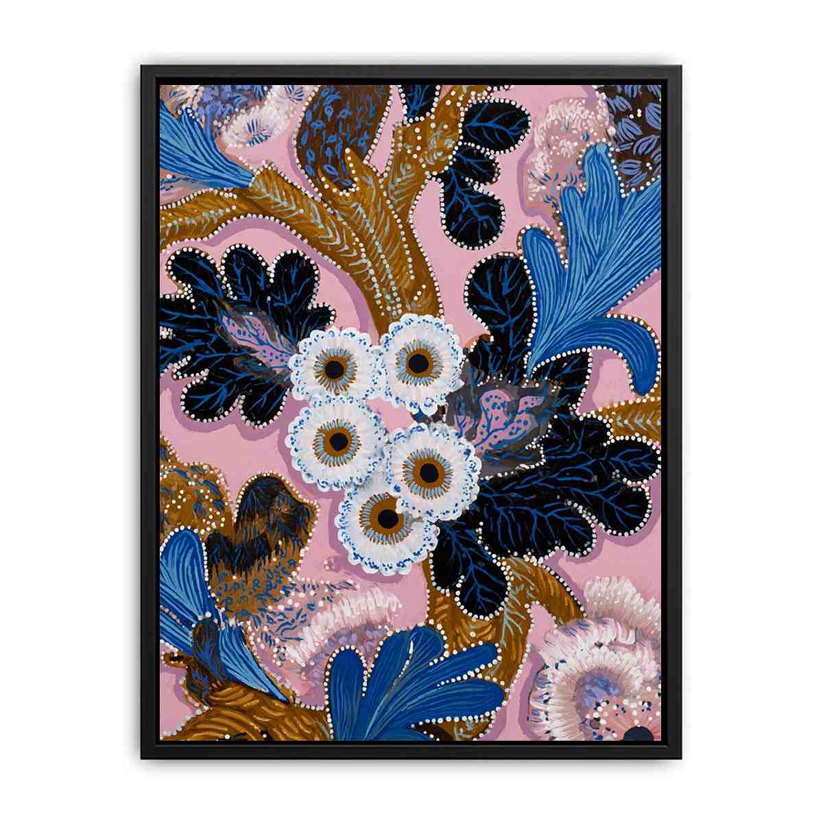 Pink and blue native floral canvas art with bold leaves for modern living room decor.
