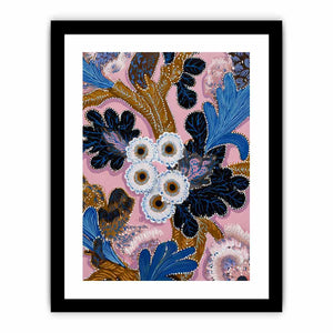 Pink and blue native floral canvas art with bold leaves for modern living room decor.