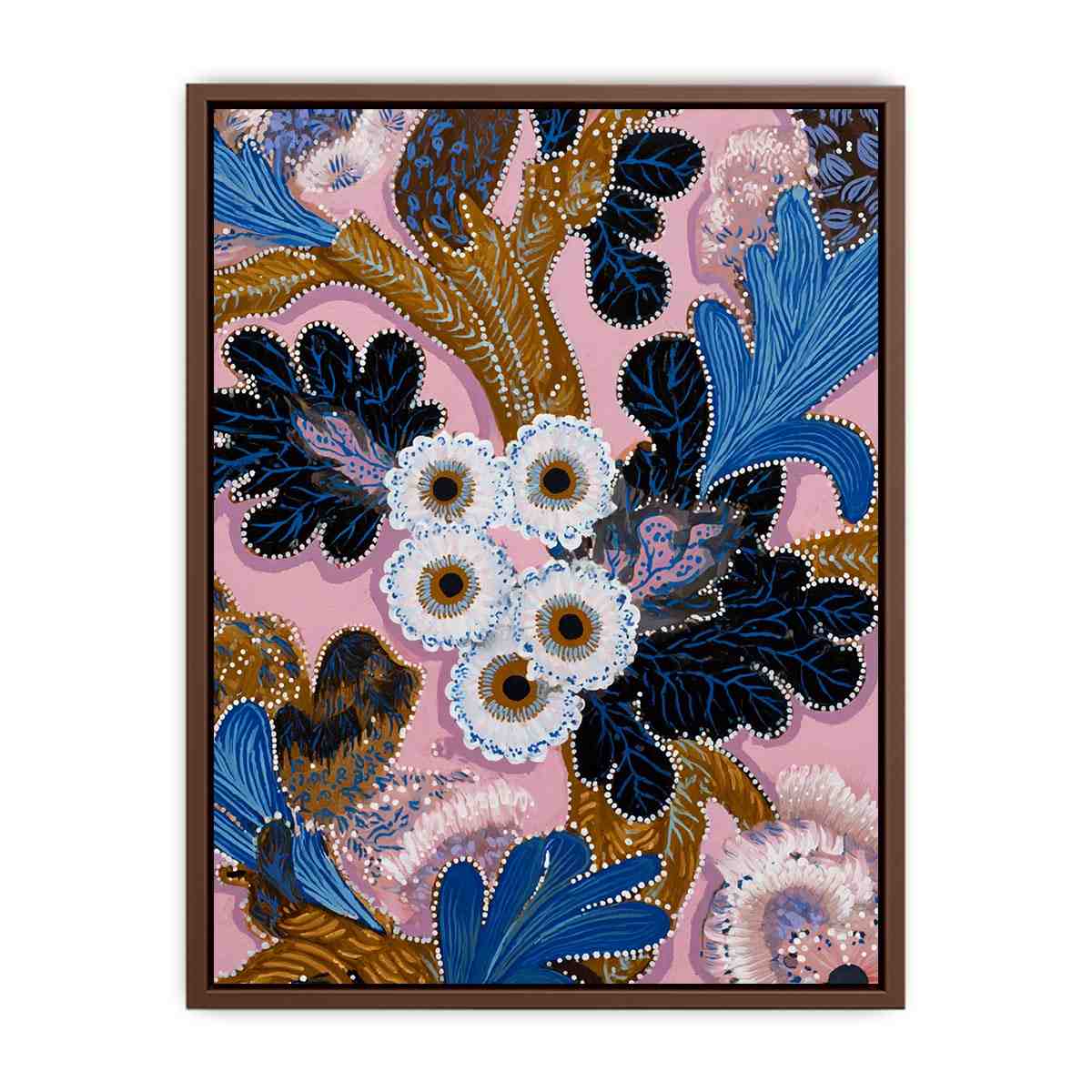 Pink and blue native floral canvas art with bold leaves for modern living room decor.