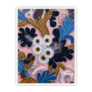 Pink and blue native floral canvas art with bold leaves for modern living room decor.