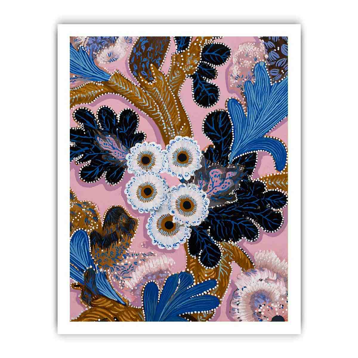 Pink and blue native floral canvas art with bold leaves for modern living room decor.