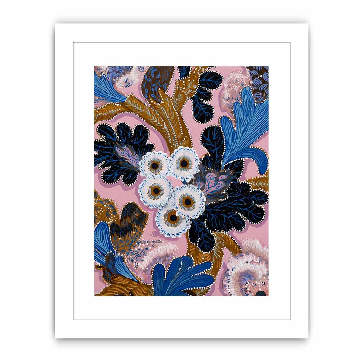 Pink and blue native floral canvas art with bold leaves for modern living room decor.