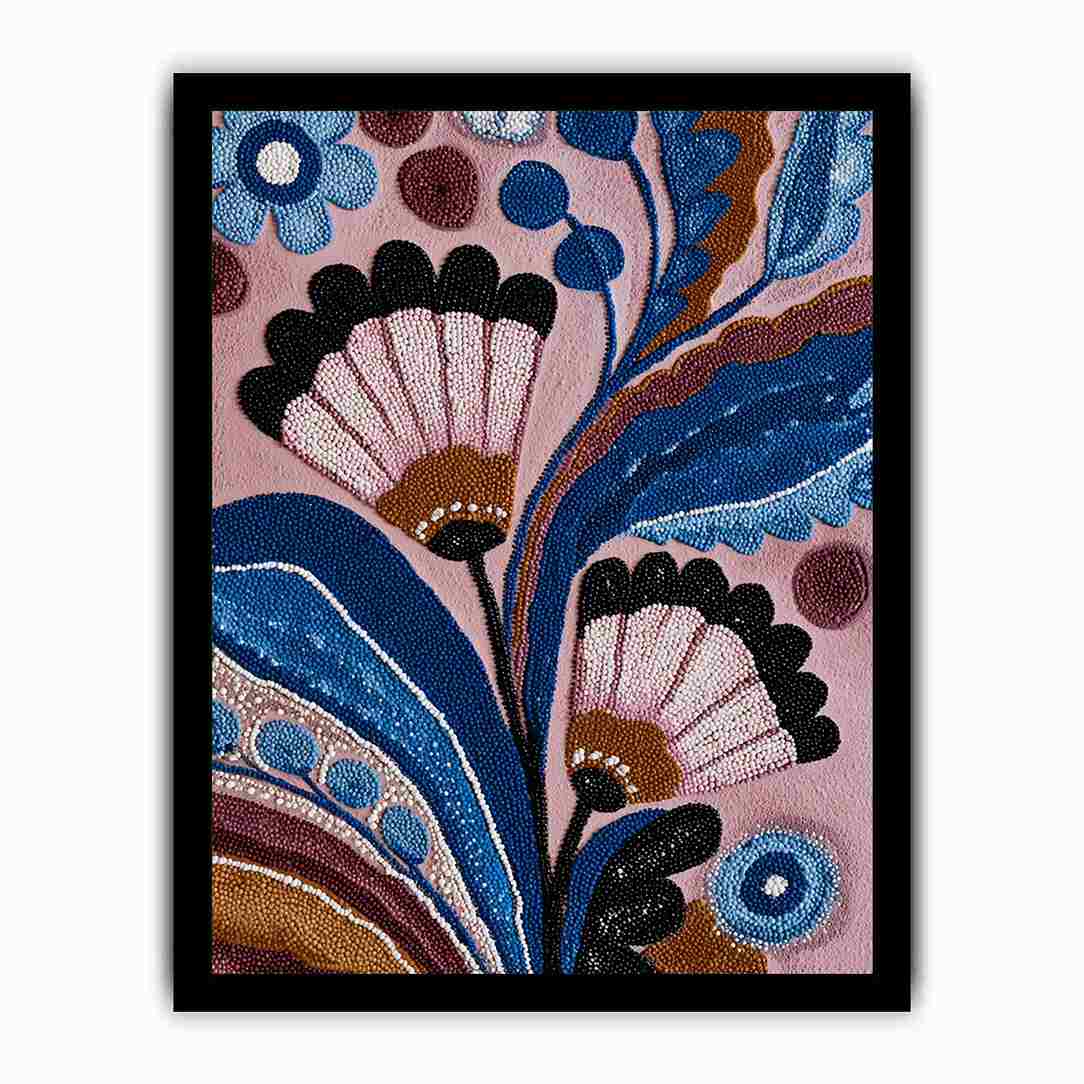 Blue and pink folk floral canvas art with bold leaves for bedroom wall decor.