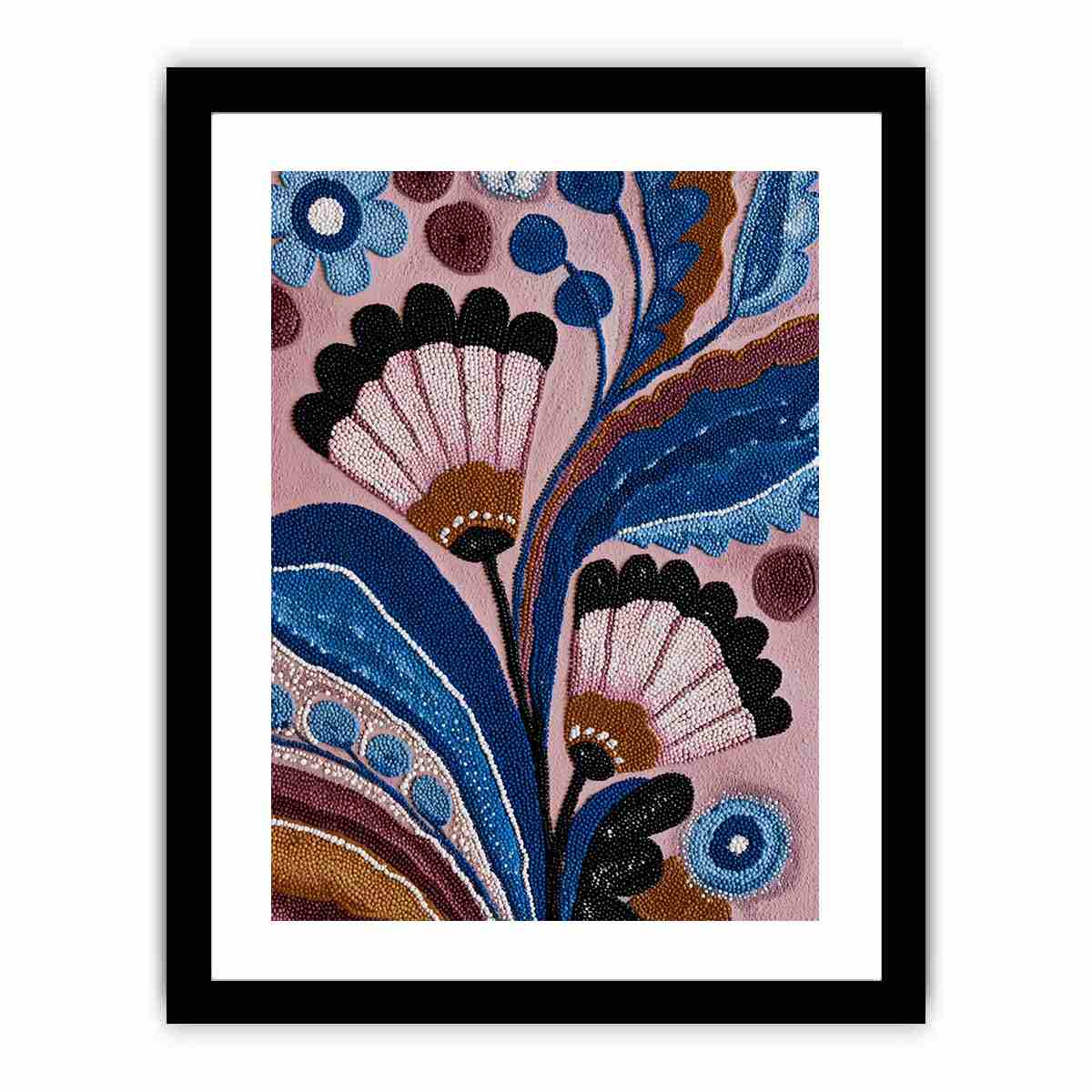 Blue and pink folk floral canvas art with bold leaves for bedroom wall decor.