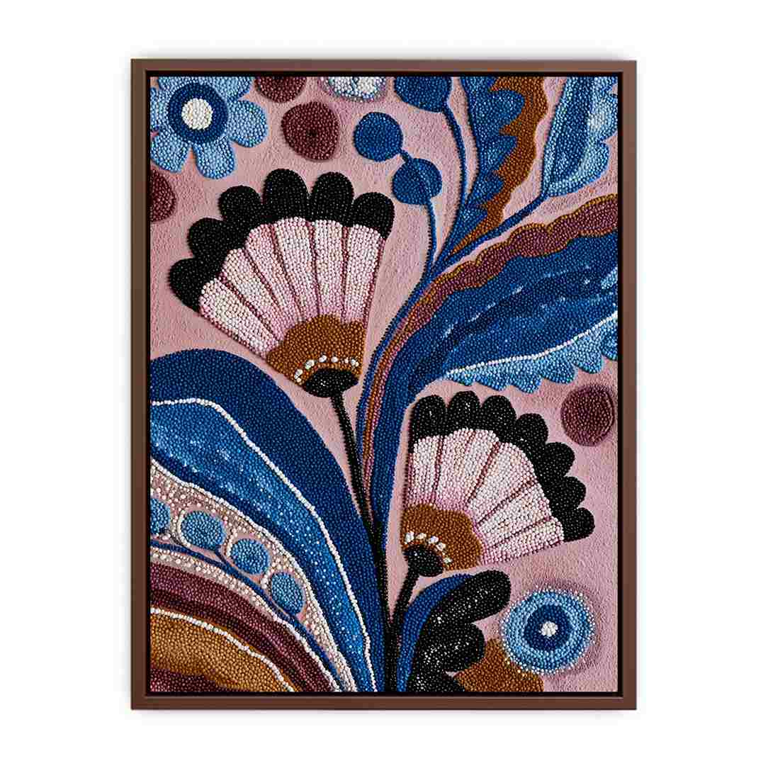 Blue and pink folk floral canvas art with bold leaves for bedroom wall decor.