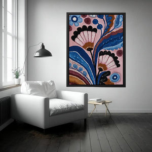 Blue and pink folk floral canvas art with bold leaves for bedroom wall decor.