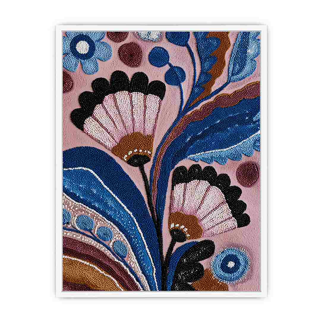 Blue and pink folk floral canvas art with bold leaves for bedroom wall decor.