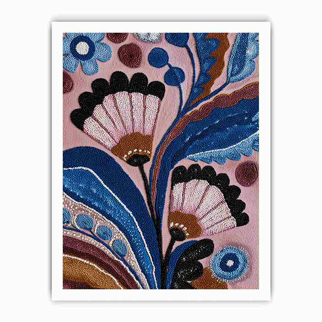 Blue and pink folk floral canvas art with bold leaves for bedroom wall decor.