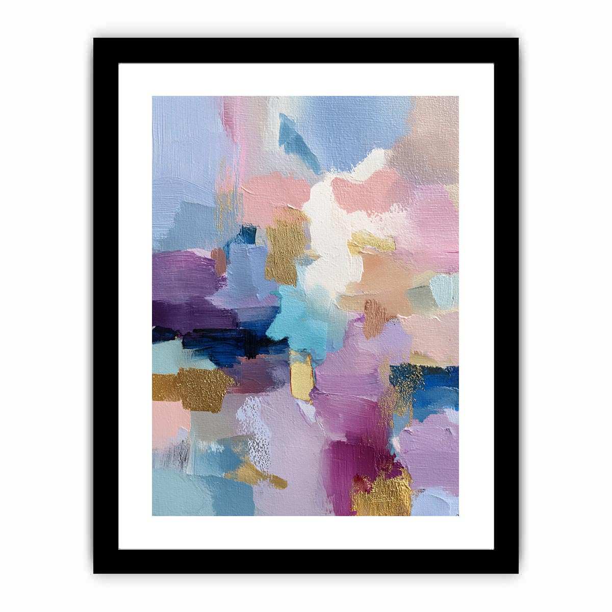 Pastel abstract canvas art with gold accents and brush texture for modern bedroom decor.