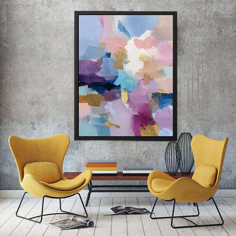 Pastel abstract canvas art with gold accents and brush texture for modern bedroom decor.