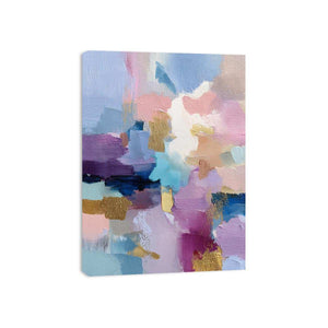 Pastel abstract canvas art with gold accents and brush texture for modern bedroom decor.