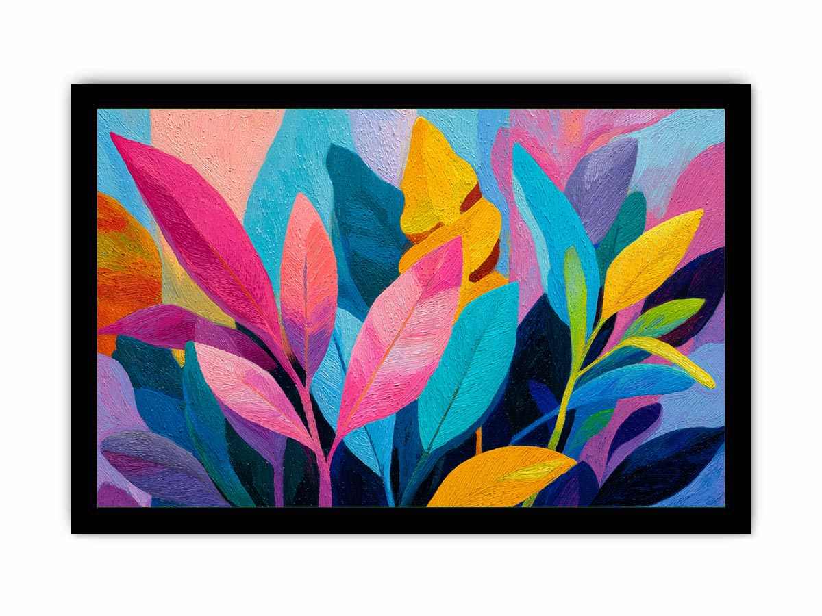 Colorful tropical leaves canvas art for bold modern living room decor.