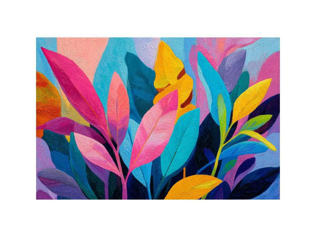 Colorful tropical leaves canvas art for bold modern living room decor.
