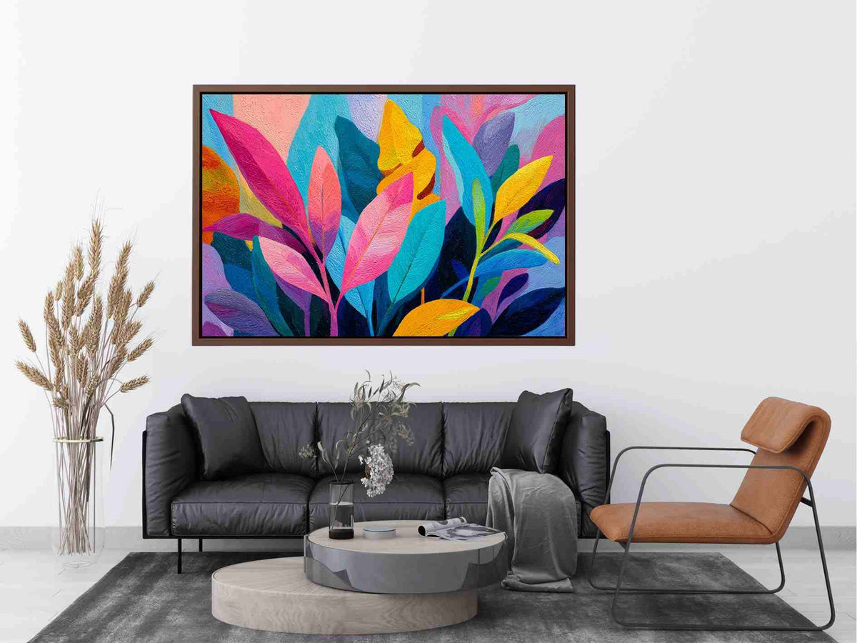 Colorful tropical leaves canvas art for bold modern living room decor.
