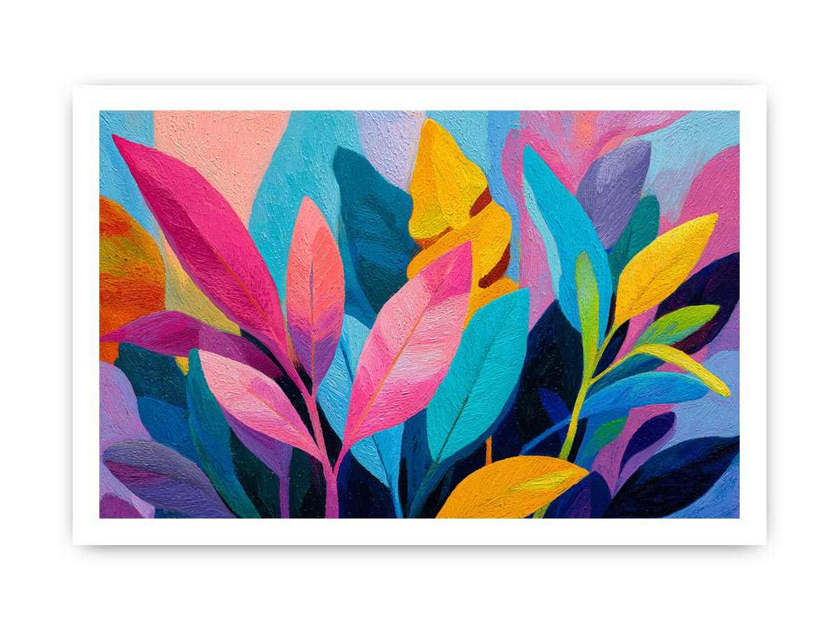 Colorful tropical leaves canvas art for bold modern living room decor.