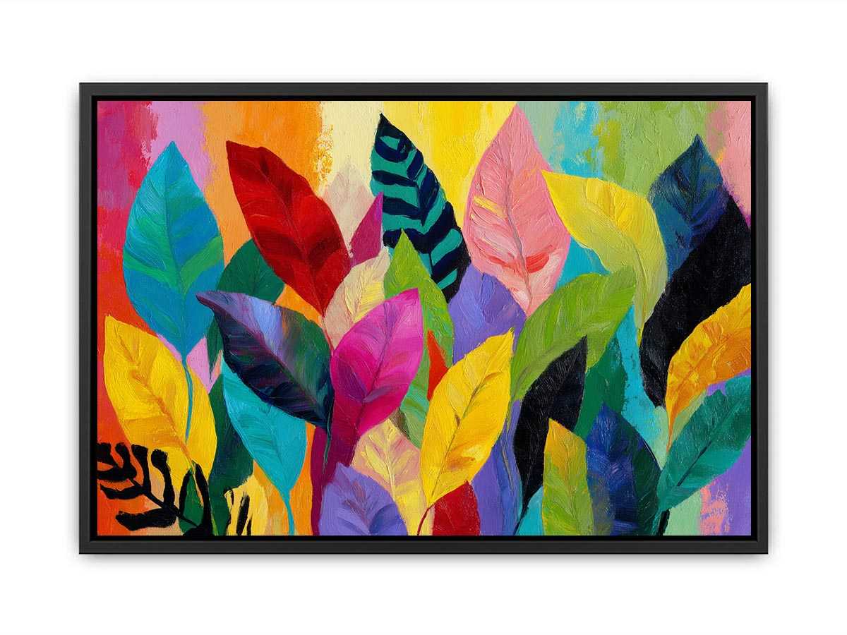Bright tropical leaf canvas art for colorful living room decor.