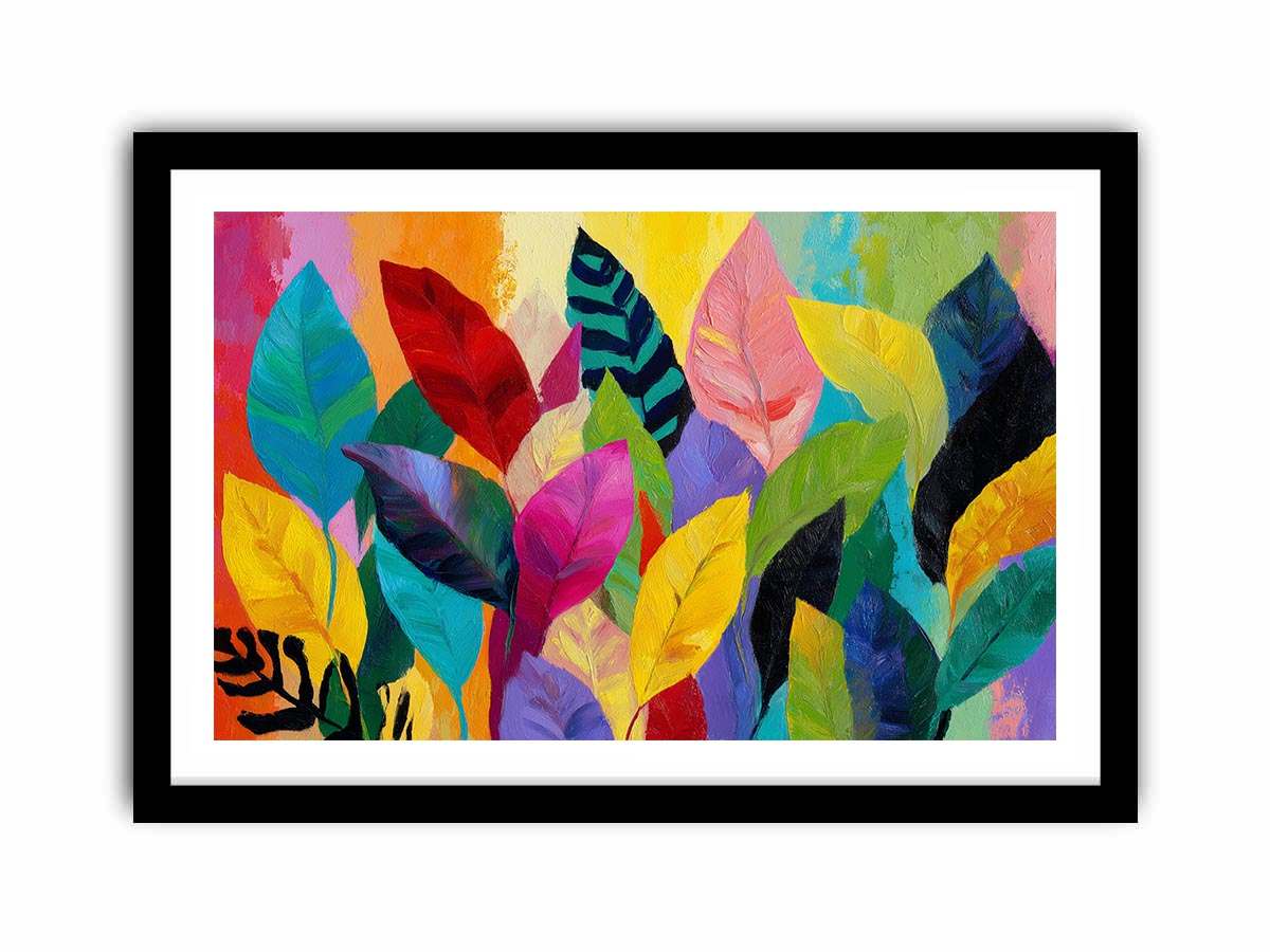 Bright tropical leaf canvas art for colorful living room decor.