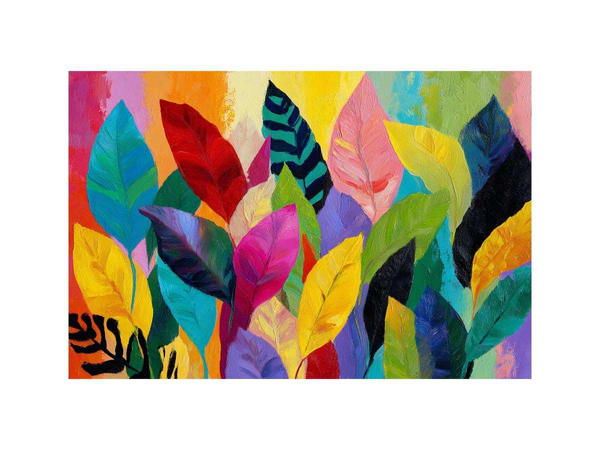 Bright tropical leaf canvas art for colorful living room decor.