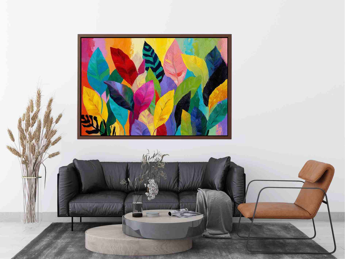 Bright tropical leaf canvas art for colorful living room decor.