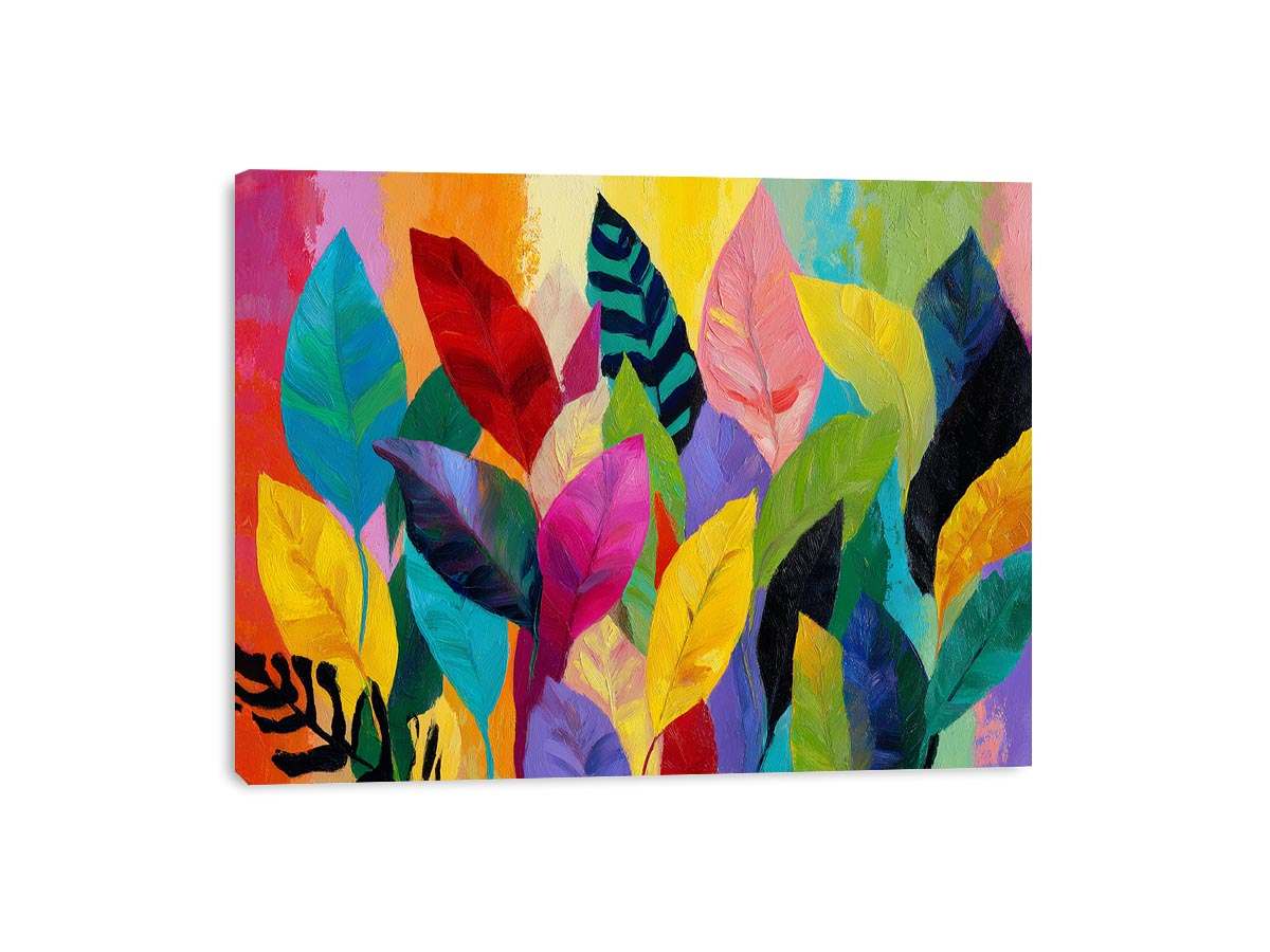 Bright tropical leaf canvas art for colorful living room decor.