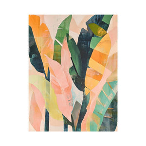 Pastel abstract botanical canvas art with tropical leaves for soft bedroom decor.