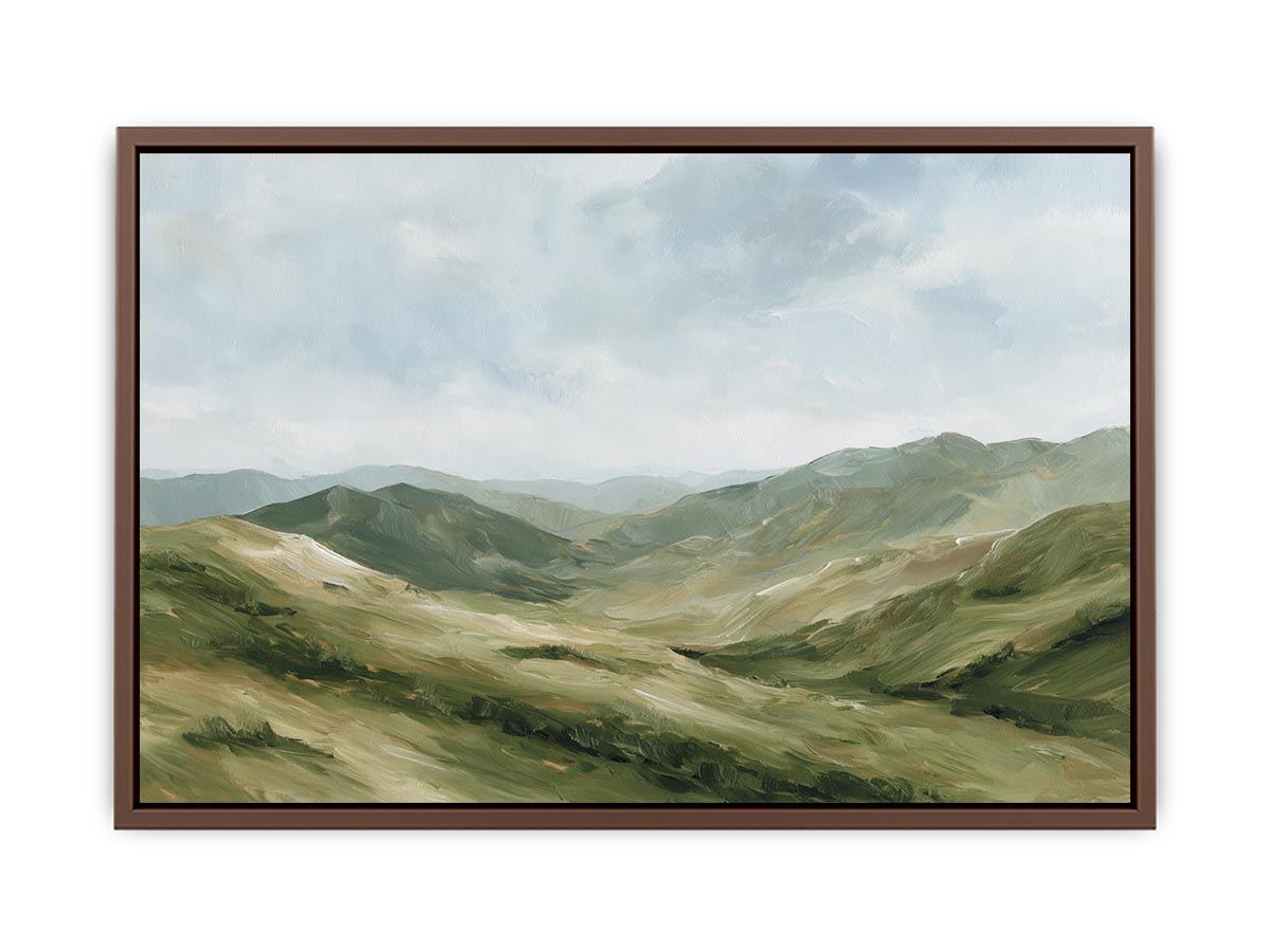 Green mountain landscape canvas art for calm modern living room decor.